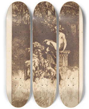 Triptych art skateboard deck of Alexandre De Riquer Allegorical Composition by Alexandre de Riquer (1856-1920)