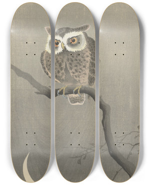 Triptych art skateboard deck of Ohara Koson Longeared Owl On Bare Tree Branch by Ohara Koson (1877-1945)