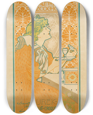 Triptych art skateboard deck of Alexandre De Riquer Grau Y Cia Fabricantes De Galletas Y Bizcochos by Alexandre de Riquer (1856-1920)