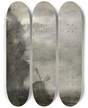 Triptych art skateboard deck of Jacob Maris Landschap Met Molen Bij Maanlicht by Jacob Maris (1837-1899)