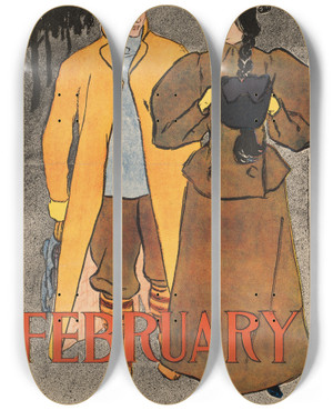 Triptych art skateboard deck of Edward Penfield Harpers February_4 by Edward Penfield (1866-1925)