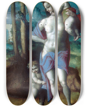 Triptych art skateboard deck of Bacchiacca Eve With Cain And Abel by Bacchiacca (1494-1557)