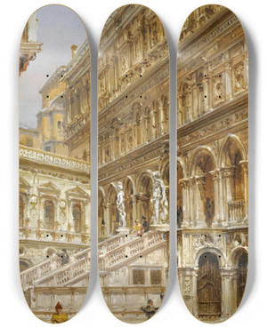 Triptych art skateboard deck of Giovanni Grubacs The Giants Staircase In The Courtyard Of The Doges Palace by Giovanni Grubacs (1829-1919)