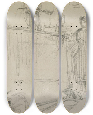 Triptych art skateboard deck of James Abbott Mcneill Whistler Figures By A Fountain by James Abbott Mcneill Whistler (1834-1903)
