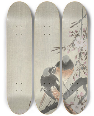 Triptych art skateboard deck of Ohara Koson Two Siegeled Redtails With Cherry Blossom by Ohara Koson (1877-1945)