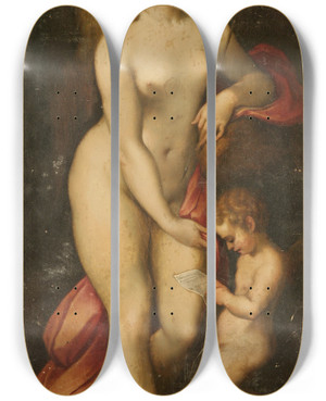 Triptych art skateboard deck of Correggio Venus And Cupid by Correggio (1489-1534)