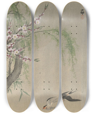 Triptych art skateboard deck of Ohara Koson Swallows In Flight by Ohara Koson (1877-1945)