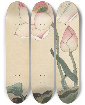 Triptych art skateboard deck of Ohara Koson Gallinule With Lotus Flowers by Ohara Koson (1877-1945)