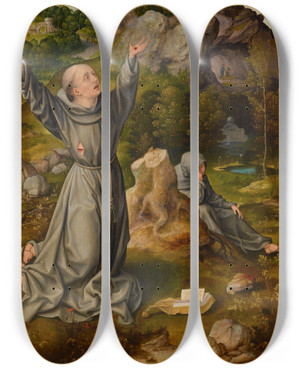 Triptych art skateboard deck of Joos Van Cleve Saint Francis Receiving The Stigmata by Joos Van Cleve (1485-1541)