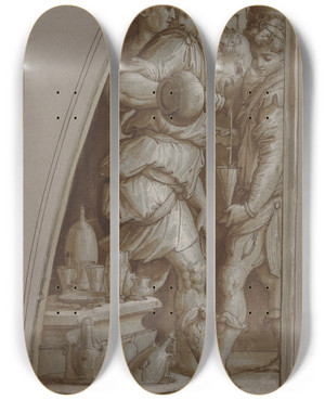 Triptych art skateboard deck of Giorgio Vasari Bearded Man Filling A Glass by Giorgio Vasari (1511-1574)