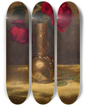 Triptych art skateboard deck of Martin Johnson Heade Red Roses In A Japanese Vase On A Gold Velvet Cloth by Martin Johnson Heade (1819-1904)