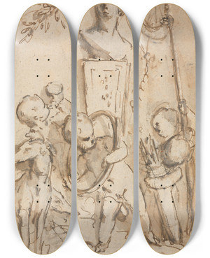 Triptych art skateboard deck of Jacob De Wit Bust Of Diana With Putti And Hunting Attributes by Jacob de Wit (1695-1754)
