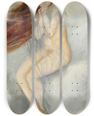 Triptych art skateboard deck of Jenny Tvermoes La Frileuse by Jenny Tvermoes (1867-1944)
