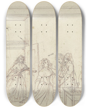 Triptych art skateboard deck of Daniel Nikolaus Chodowiecki Lovelace Steht Rechts Hinter Einem Tisch by Daniel Nikolaus Chodowiecki (1726-1801)