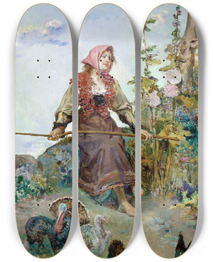 Triptych art skateboard deck of Toms Muoz Lucena Tending The Turkeys by Tomas Munoz Lucena (1860-1943)
