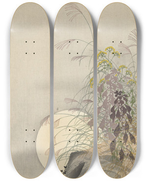 Triptych art skateboard deck of Ohara Koson Grasses At Full Moon by Ohara Koson (1877-1945)