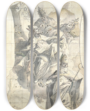Triptych art skateboard deck of Meinrad Von Aw Saints Nicholas Martin And Urban by Meinrad Von Aw (1712-1792)
