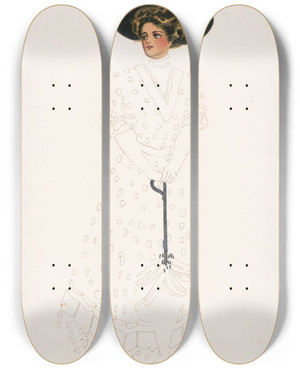 Triptych art skateboard deck of Alice Luella Fidler Woman With Hat And Umbrella by Alice Luella Fidler (1883)