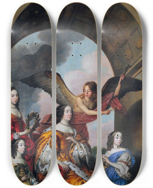 Triptych art skateboard deck of Gerard Van Honthorst Amalia And Her Daughters Watching The Triumph Of Frederik Hendrik by Gerard Van Honthorst (1592-1656)