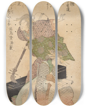 Triptych art skateboard deck of Kubo Shunman A Lady Holding A Shamisen While Another Chants From A Jrurilibretto by Kubo Shunman (1757-1820)