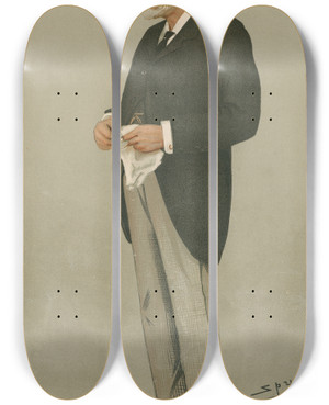 Triptych art skateboard deck of Leslie Matthew Ward Policemen Marlborough Street Mr James Lennox Hannay December 22 1898 by Leslie Matthew Ward (1851-1922)