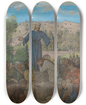 Triptych art skateboard deck of Hans Thoma Christus Als Lehrer by Hans Thoma (1839-1924)