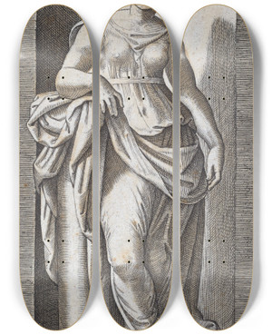 Triptych art skateboard deck of Marcantonio Raimondi Fortitude by Marcantonio Raimondi (1470-1527)