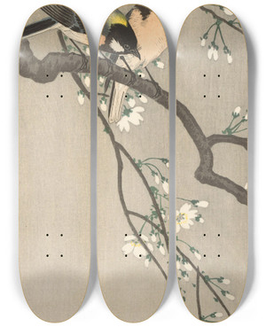 Triptych art skateboard deck of Ohara Koson Tits On Cherry Branch by Ohara Koson (1877-1945)