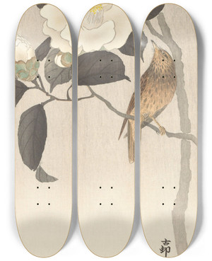 Triptych art skateboard deck of Ohara Koson Songbird And Flowering Camellia by Ohara Koson (1877-1945)