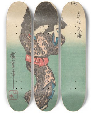 Triptych art skateboard deck of And Hiroshige Woman With Kettle by Ando Hiroshige (1797-1858)