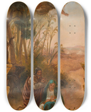 Triptych art skateboard deck of Louisantoinelon Riesener Le Repos Pendant La Fuite En Egypte by Louis-Antoine-Lon Riesener (1808-1878)