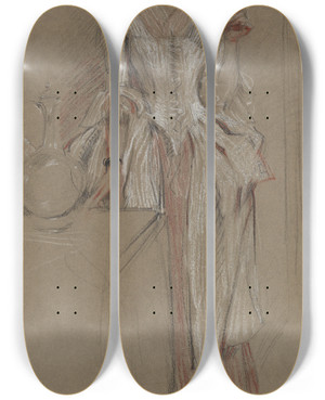 Triptych art skateboard deck of Albert Sterner Young Woman Standing Reading A Letter by Albert Sterner (1863-1946)