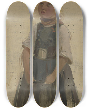 Triptych art skateboard deck of Jakob Becker Little Farmgirl_6 by Jakob Becker (1810-1872)