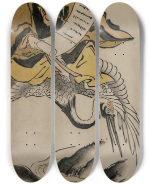 Triptych art skateboard deck of Okumura Masanobu The Taoist Immortal Kung Ho Riding A Crane by Okumura Masanobu (1686-1764)
