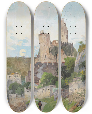 Triptych art skateboard deck of Eduard Zetsche Blick Auf Die Ruine Drnstein by Eduard Zetsche (1844-1927)