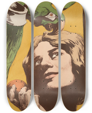 Triptych art skateboard deck of Angelo Jank La Femme Au Perroquet by Angelo Jank (1868-1940)