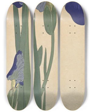 Triptych art skateboard deck of Ohara Koson Blue Irises by Ohara Koson (1877-1945)