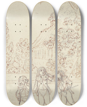 Triptych art skateboard deck of Daniel Nikolaus Chodowiecki Drei Jungen An Einer Gartenmauer by Daniel Nikolaus Chodowiecki (1726-1801)