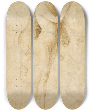 Triptych art skateboard deck of Bernardo Parentino A Satyr Playing An Aulos by Bernardo Parentino (1450-1500)