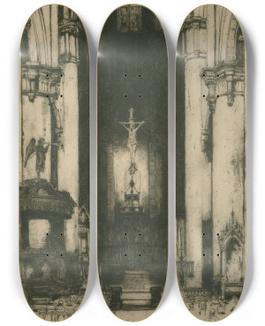 Triptych art skateboard deck of David Young Cameron Notre Dame Dinant_2 by David Young Cameron (1865-1945)