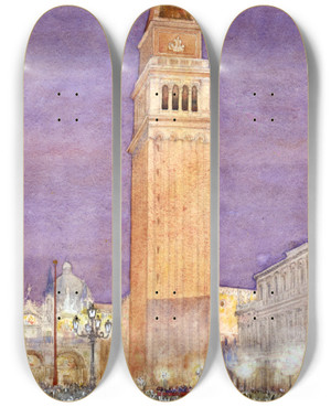 Triptych art skateboard deck of Cass Gilbert Bell Tower St Marks Square Venice by Cass Gilbert (1859-1934)