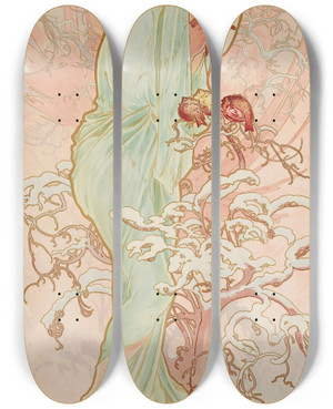 Triptych art skateboard deck of Alphonse Mucha Les Saisons 1 by Alphonse Mucha (1860-1939)