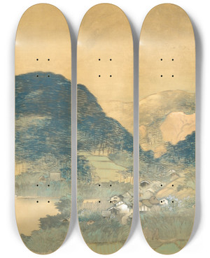 Triptych art skateboard deck of Kawamura Manshu Evening Glow by Kawamura Manshu