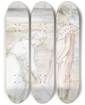 Triptych art skateboard deck of Jozef Israls Twee Meisjes In Roze En Wit Op Het Strand by Jozef Israels (1824-1911)
