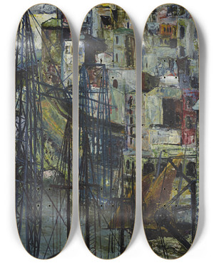 Triptych art skateboard deck of Hanns Ludwig Katz Port Of Marseille by Hanns Ludwig Katz (1892-1940)