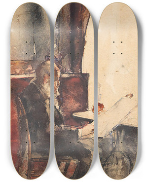 Triptych art skateboard deck of Lesser Ury Zeitungsleser Im Caf by Lesser Ury (1861-1931)