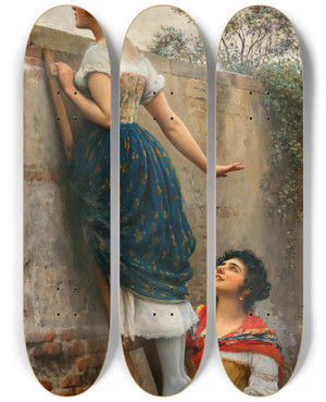 Triptych art skateboard deck of Eugen Von Blaas The Curious by Eugen Von Blaas (1843-1931)