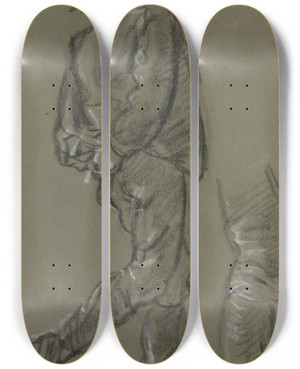 Triptych art skateboard deck of Philipp Rumpf Schlittschuhlufer Und Beinstudie by Philipp Rumpf (1821-1896)