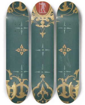 Triptych art skateboard deck of Julesedmondcharles Lachaise Design For Wallpaper Featuring Rinceaux And Carouches Framing Figures by Jules-Edmond-Charles Lachaise (1897)