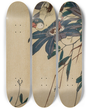 Triptych art skateboard deck of And Hiroshige Grosbeak And Clematis by Ando Hiroshige (1797-1858)